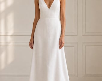 Linen Wedding Dress, Deep V-Neck Sleeveless A-Line Bridal Maxi Dress with Pockets