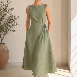 Sage Green Linen Midi Dress, Sleeveless Boat Neck, Side Ruched Tie, Hand-Tailored Dress image 1