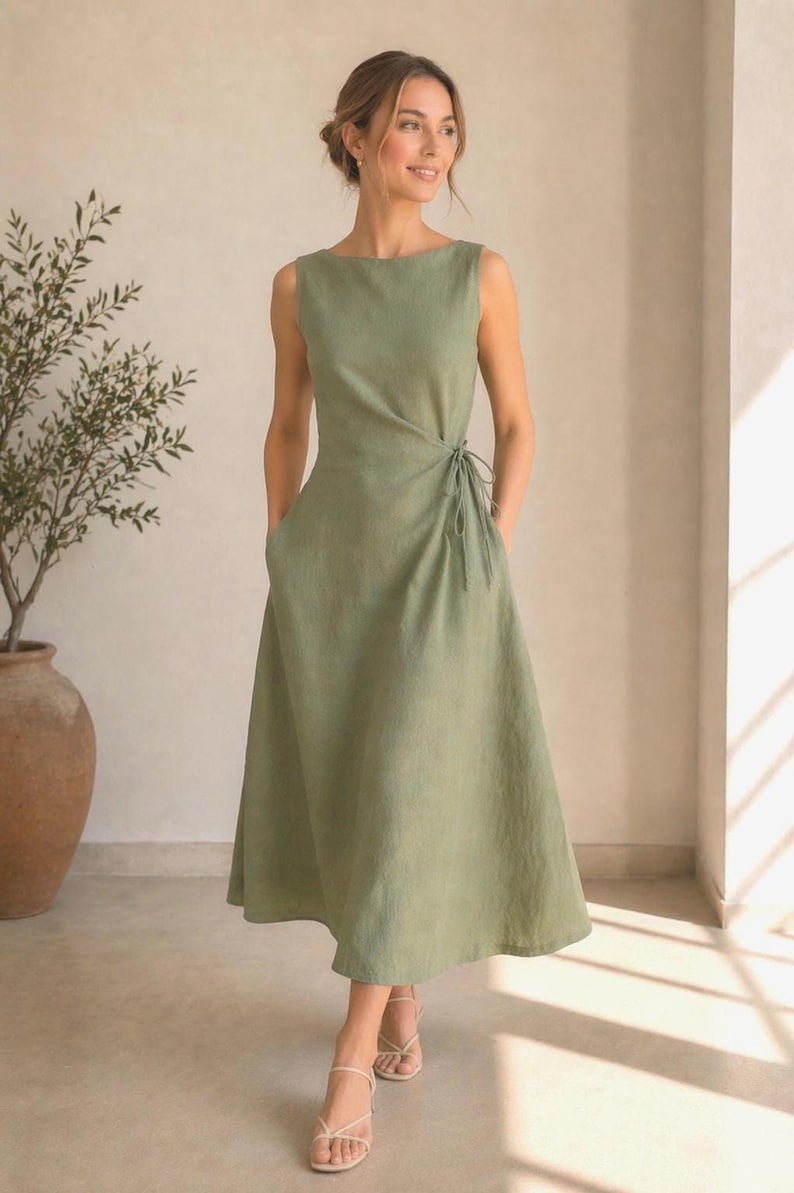 Sage Green Linen Midi Dress, Sleeveless Boat Neck, Side Ruched Tie, Hand-Tailored Dress image 1