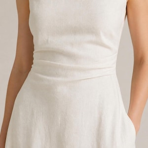 Linen Midi Dress, Sleeveless Boat Neck, Fitted Waist A-Line, Minimalist Bridal Gown image 5
