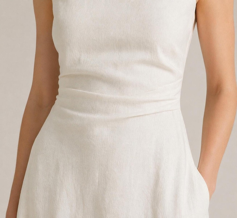 Linen Midi Dress, Sleeveless Boat Neck, Fitted Waist A-Line, Minimalist Bridal Gown image 5