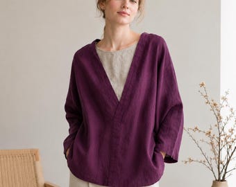 Giacca avvolgente in lino, cardigan kimono con cintura, capo da donna in lino aperto sul davanti