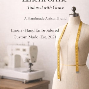 Custom tailoring information card with a dress form, measuring tape, and sewing machine explaining that each linen garment is made to order.