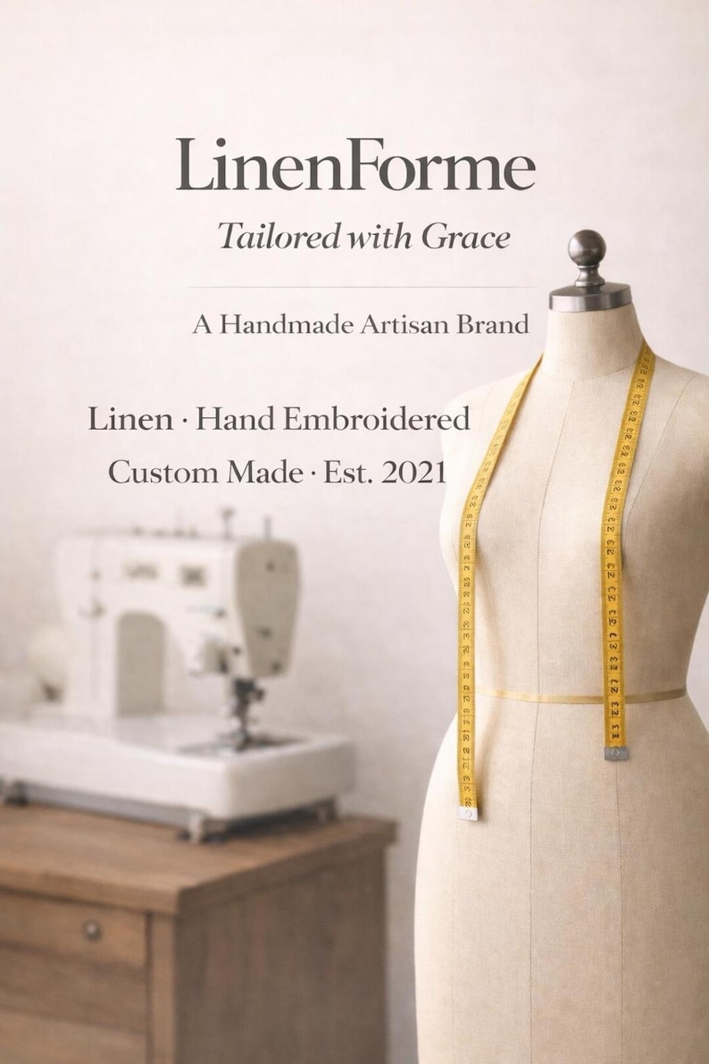 Custom tailoring information card with a dress form, measuring tape, and sewing machine explaining that each linen garment is made to order.