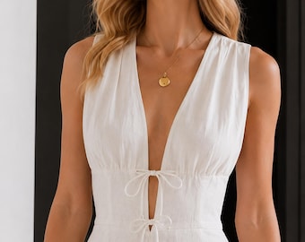 White Linen Maxi Dress, Deep V Double-Tie Keyhole, Sleeveless Civil Wedding Dress