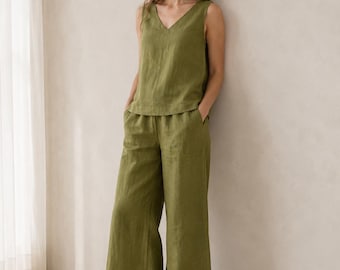 Linen Two Piece Set, V-Neck Sleeveless Top and Wide Leg Pants, Summer Resort Outfit