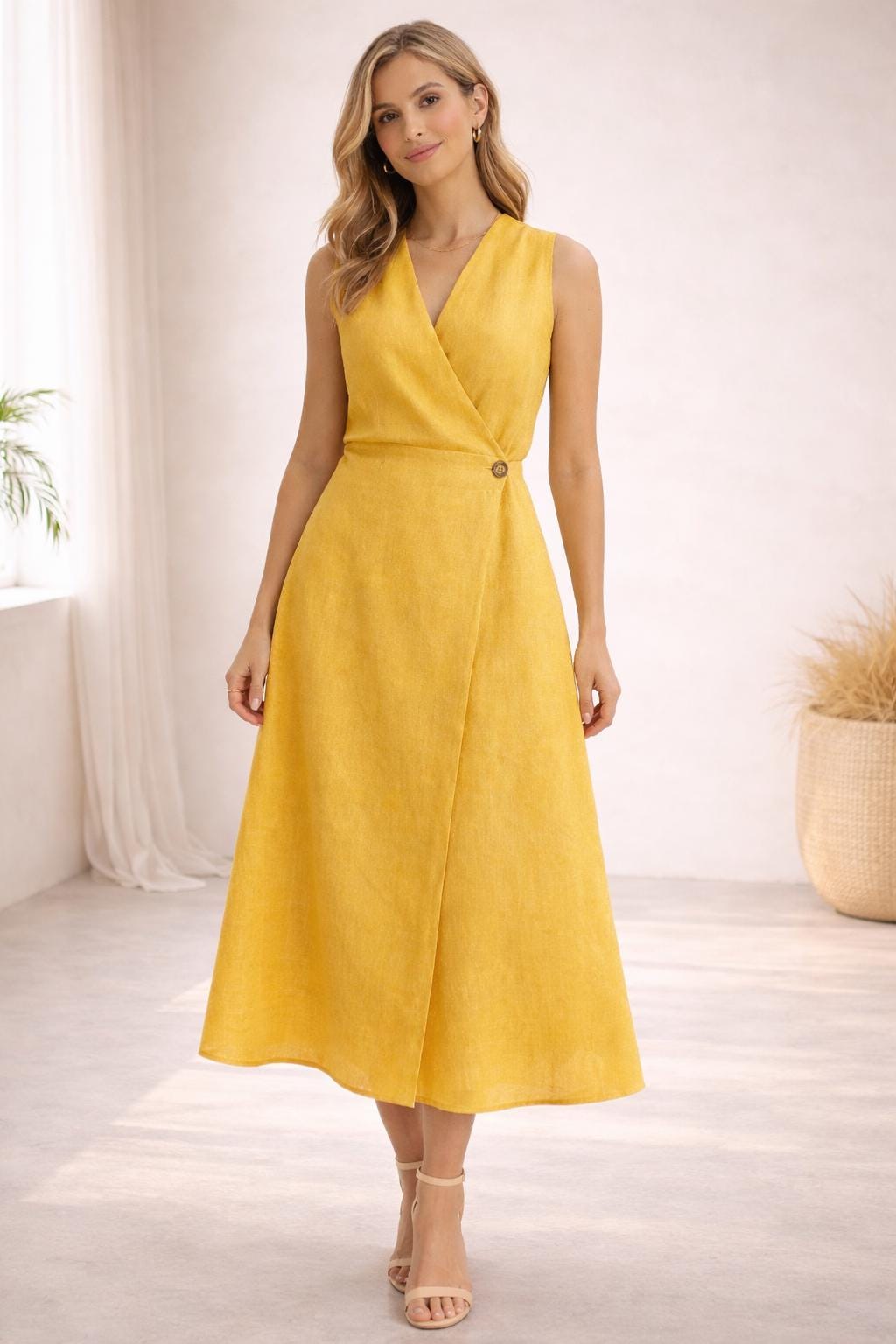 knee length dresses for ladies Yellow Linen Dress 14 Size Maxi Lenght / Fast Sewing Option 1-3 Days and Fast Delivery 3-9 Days main image 1