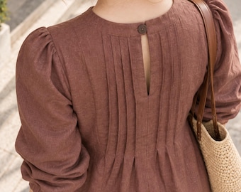 Linen Midi Dress, Pintuck Long Puff Sleeve A-Line Fall Dress with Pockets