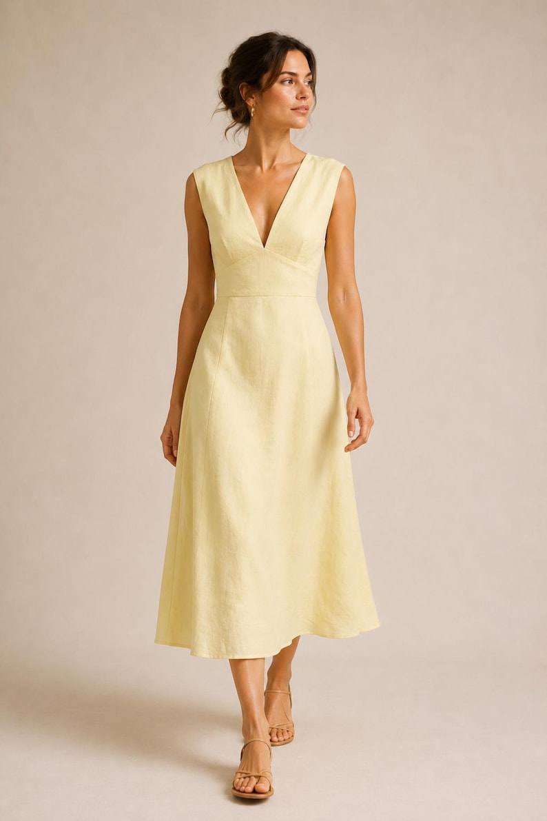 Puede incluir: Un vestido midi sin mangas de color amarillo p&aacute;lido con un escote en V profundo, un corpi&ntilde;o ajustado con cintura definida y una falda acampanada en forma de A que cae por debajo de las rodillas. La prenda tiene un dise&ntilde;o liso y limpio.