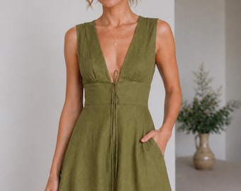 Linen Midi Dress Deep V Neck Tie Front Sleeveless A-Line, Hand-Tailored, Linen Dress Women, Garden Party Summer Dress