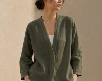 Kimono in lino, aperto sul davanti, maniche a 3/4, vestibilità comoda, realizzato a mano, top in lino da donna, giacca elegante casual da indossare a strati.