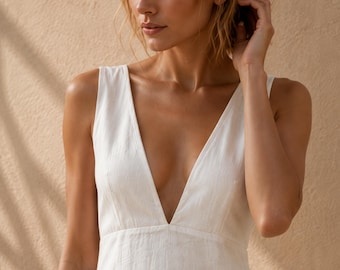 Linen Midi Dress Deep V Neck Empire Waist Sleeveless A-Line, Hand-Tailored, Linen Dress Women, Minimalist Summer Dress