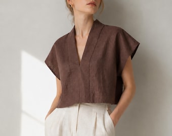 Cropped Linen Top, Shawl Collar V-Neck Kimono Sleeve Fall Linen Top for Women