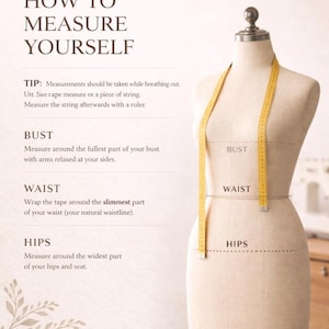Body measurement guide showing where to measure the bust, waist, hips, and height for custom sizing.