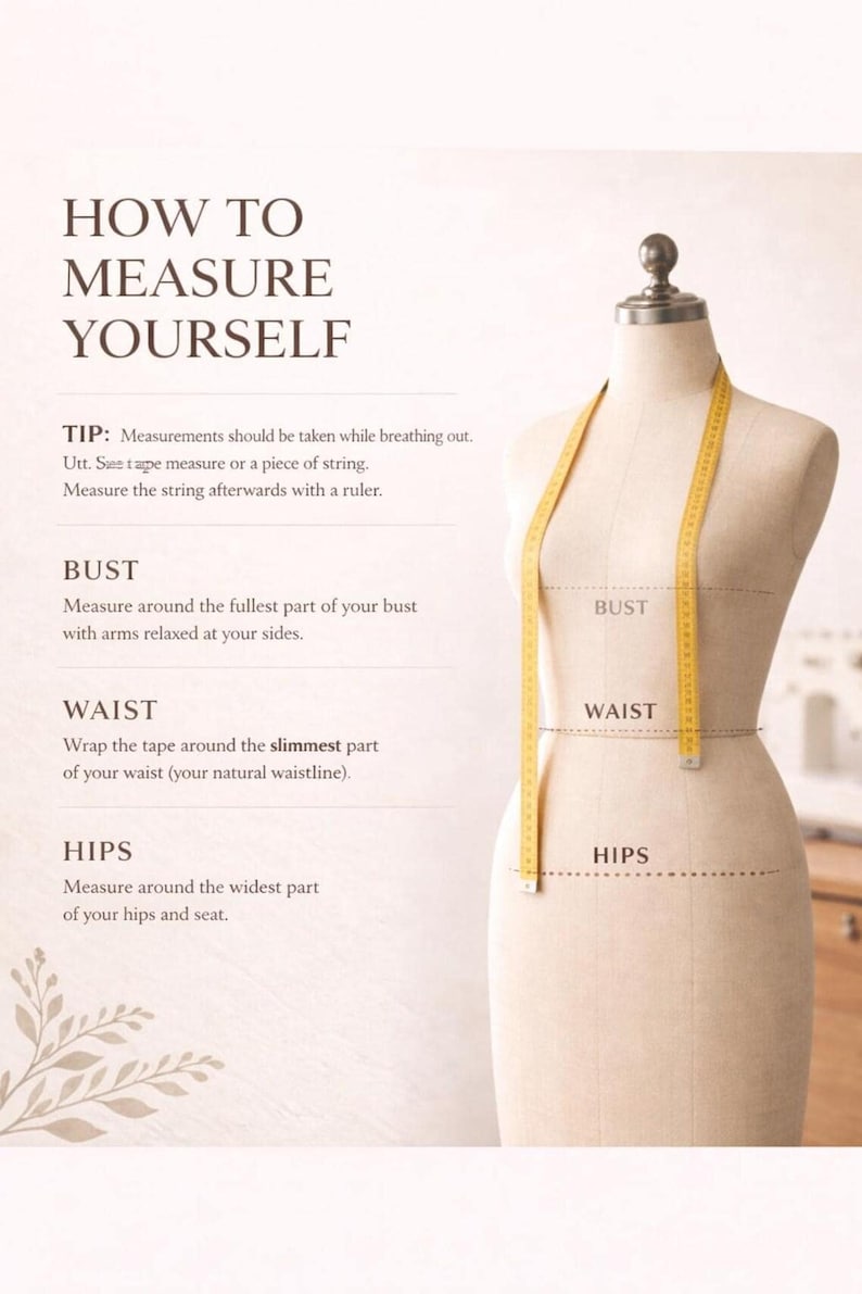 Body measurement guide showing where to measure the bust, waist, hips, and height for custom sizing.