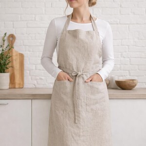Linen Kitchen Apron Women, Adjustable Neck Tie Waist Pocket, Hand-Tailored Premium Linen Apron, Chef Gardening Gift Her