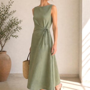 Sage Green Linen Midi Dress, Sleeveless Boat Neck, Side Ruched Tie, Hand-Tailored Dress image 2