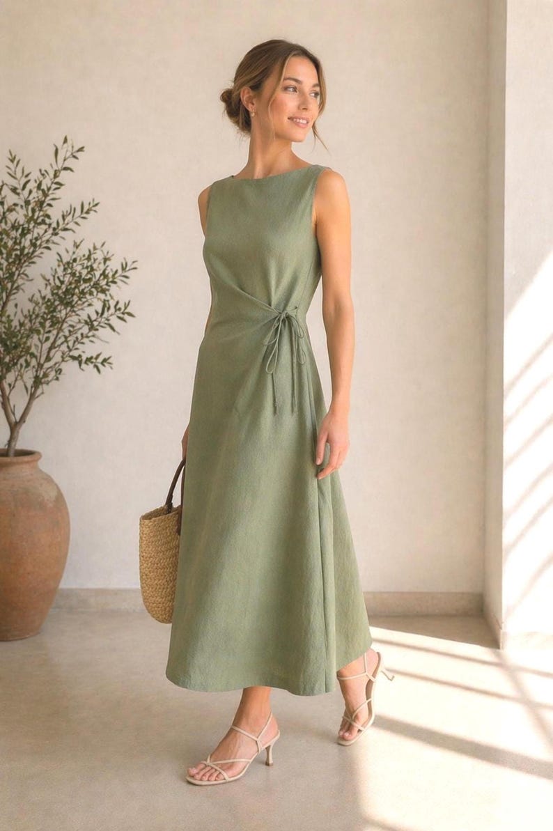 Sage Green Linen Midi Dress, Sleeveless Boat Neck, Side Ruched Tie, Hand-Tailored Dress image 2