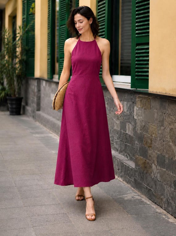 thin halter neck dress Linen Maxi Crew Sleeveless A-line, Hand-tailored, Linen Dress Women, Elegant Summer Wedding Guest dress versatile knit dress