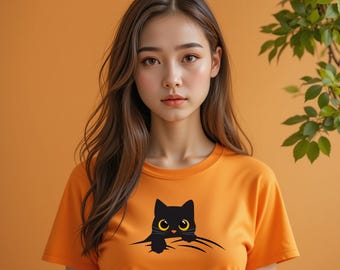 May include: Orange t-shirt featuring a black cat graphic with yellow eyes. The cat design is centered on the front of the shirt. The shirt is worn by a person with long brown hair, against an orange background.