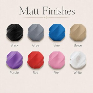 Colour chart for matt finishes showing nine 3D printed sample shapes on a warm cream background, each labelled with its colour name.