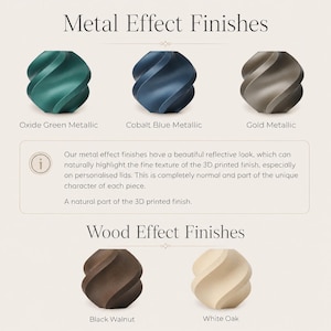 Special finishes colour chart showing three metal effect 3D printed samples, an information note about visible print texture, and two wood effect finishes labelled Black Walnut and White Oak.