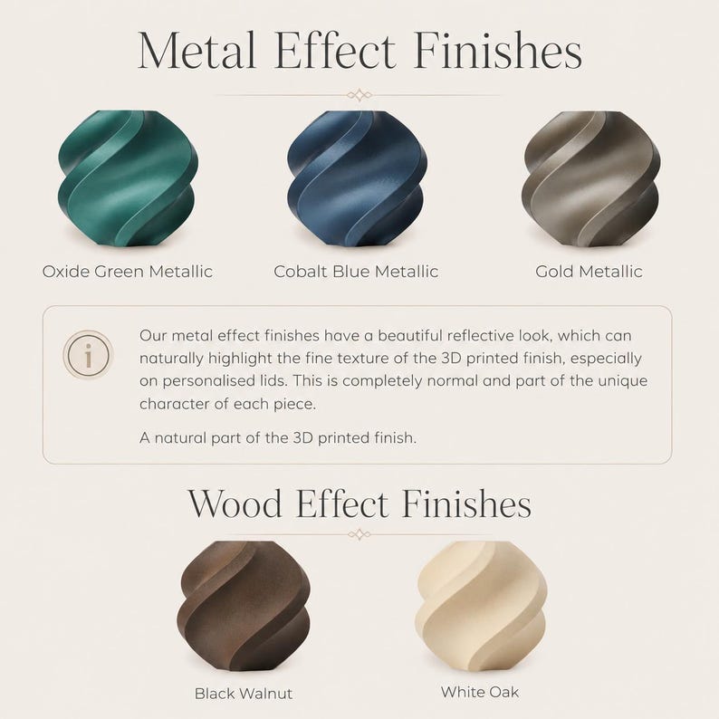 Special finishes colour chart showing three metal effect 3D printed samples, an information note about visible print texture, and two wood effect finishes labelled Black Walnut and White Oak.