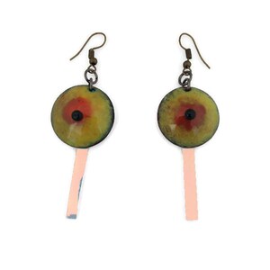 Enameled Pendant Earrings - handcrafted metal copper vinyl metallic