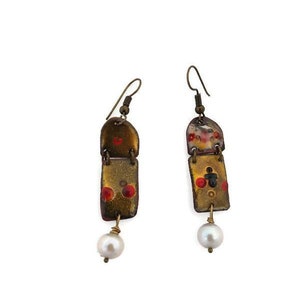 Enamel Post-Apocalyptic Earrings - unique one of a kind handcrafted copper glass pearl