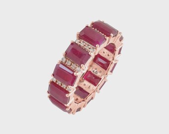 14K gold plated Emerald Cut Ruby Eternity Band Ring, Wedding Band Ring, Dainty silver Ruby Band Ring, Full Eternity Band ring, Gift for her