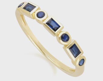 Baguette blå safir vigselring, september födelsestensring, halv evighetsbaguette safirring, vintage löfte ring present till henne