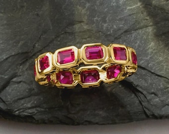14K Gold Vermeil Emerald Cut Ruby Eternity Band Ring, Wedding Band Ring, Dainty silver Ruby Band Ring, Full Eternity Band ring, Gift for her