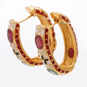 14k Gold Vintage Ruby Emerald Enamel Hoop Earrings, Emerald Ruby Hoop Earring, Multi Enamel Hoop Earrings, Art Deco Style Gemstone Earrings