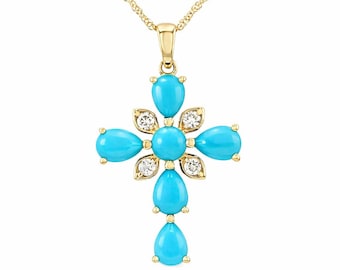 14k gold Plated Elegant Turquoise Cross Necklace, 925 Silver Turquoise Chain Necklace, Turquoise Cross Pendant, December Birthstone Necklace