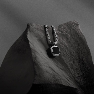 Silver Onyx Necklace Chain Pendants, Men&#39;s Necklace Pendants, Black Onyx stone Jewellery, Personalized Jewelry, Square Onyx Necklace for Him