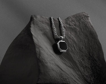 Silver Onyx Necklace Chain Pendants, Men's Necklace Pendants, Black Onyx stone Jewellery, Personalized Jewelry, Square Onyx Necklace for Him