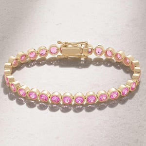 18K Gold Pink sapphire Tennis bracelet, 925 Sterling Silver bracelet Pink Zircon Bracelet jewelry Pink Round tennis bracelet Bridal Bracelet