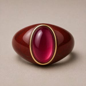 Peut inclure: Une bague dotée d'un anneau lisse brun rougeâtre foncé à la finition polie. Au centre de l'anneau se trouve une grande pierre précieuse magenta translucide de forme ovale, sertie dans une fine bordure en métal doré brillant.