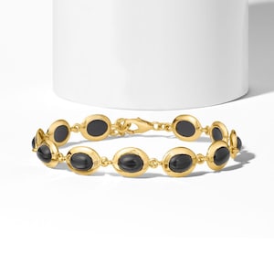 18k Yellow Gold Black Onyx Cab Stone Bracelet Black Onyx 925 Sterling Silver Bracelet Dainty Bracelet, Black Onyx Oval Stone Tennis Bracelet
