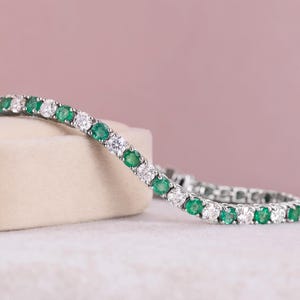 Emerald diamond Round Tennis Bracelet, Emerald Rhodium Over Sterling Silver Bracelet, Dainty Bracelet, Women Bracelet, Gemstones Bracelet