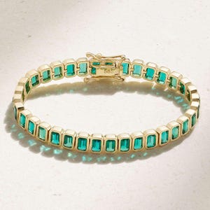 18K Gold Emerald cut tennis bracelet Emerald 925 Sterling Silver bracelet Green Zircon gemstone jewelry Emerald octagon tennis bracelet