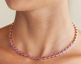 14K Gold Plated Pink Sapphire Tennis Necklace, Pink Sapphire Pear Tennis Necklace, 925 Silver Necklace gemstone Jewellery Tennis Necklace