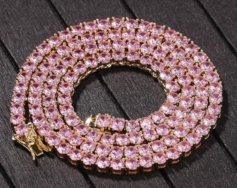 18K Gold Pink sapphire tennis Necklace 925 Sterling Silver Necklace, Pink Zircon gemstone jewelry, Pink Sapphire  Round tennis Necklace Gift