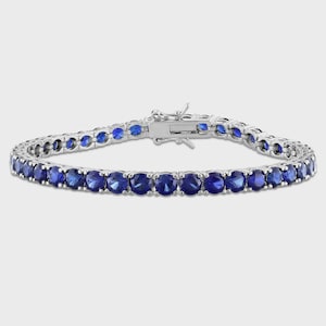 Blue Sapphire Round Tennis Bracelet, Blue Sapphire Rhodium Over Sterling Silver Bracelet, Dainty Bracelet, Women Bracelet Gemstones Bracelet