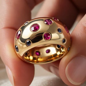Peut inclure: Une large bague en or poli avec une surface bombée ornée de multiples pierres précieuses rondes et facettées dans des tons vifs de rose profond et de bleu foncé. Les pierres sont réparties sur la surface dorée lisse et réfléchissante.