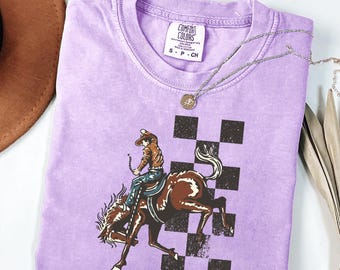 Rodeo Cowboy Checkered Shirt - Western Rodeo Graphic Tee - Bull Riding Cowboy Shirt