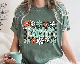Teacher Shirt - Cute Retro Teacher T-Shirt - Floral Daisy Graphic Tee - Vintage Checkered Teacher Outfit - Back to School Shirt - Teacher