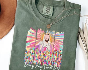 Every Knee Shall Bow Shirt - Christian Jesus Faith Graphic Tee, Bible Verse Worship Inspirational Religious Shirt