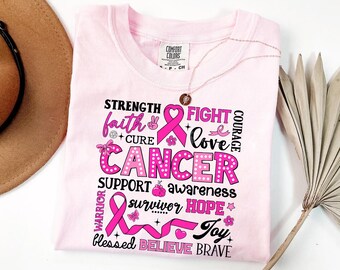 Cancer Awareness Shirt - Pink Ribbon Support T-Shirt - Strength Faith Fight Hope Graphic Tee - Cancer Survivor Warrior Gift - Awareness Tee