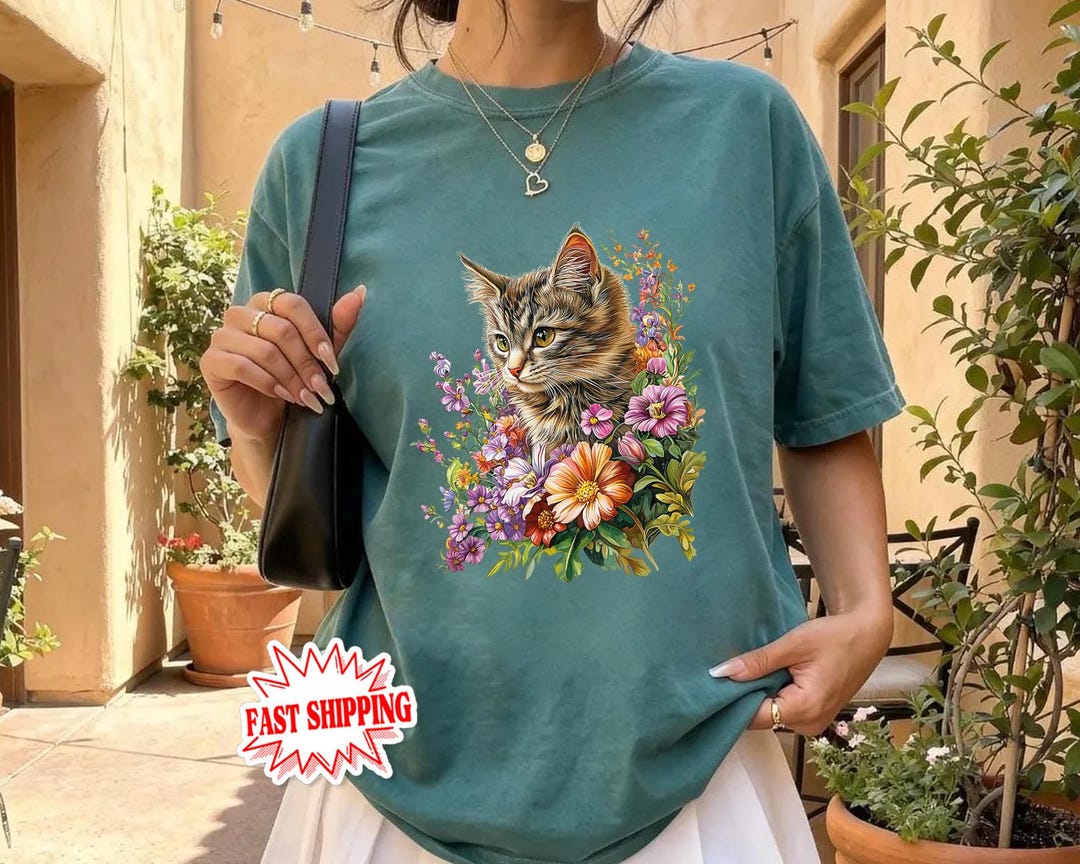 Floral Cat Shirt - Cute Kitten Flower Shirt - Cat Lover Floral Tee ...